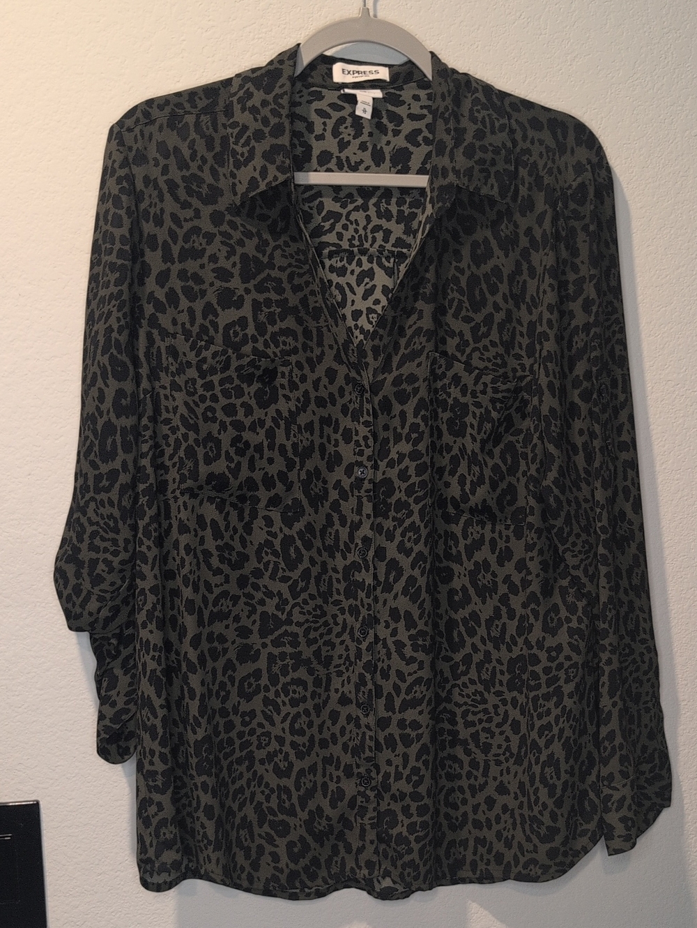 Express Olive & Black Leopard-Print Button-Up Shirt